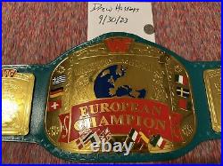 WWF Block Logo European Championship 4mm Brass Green Front Leather & Red Backing