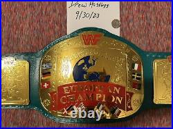 WWF Block Logo European Championship 4mm Brass Green Front Leather & Red Backing